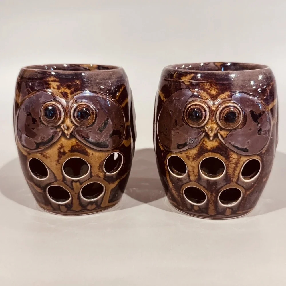 (2) Vintage Otagiri Stoneware Owl‎ Shaped Candle Votive Holders